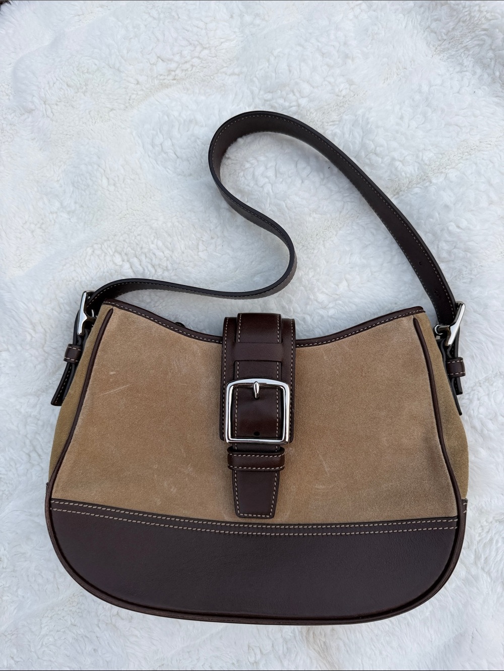 COACH Women's Suede and Leather Shoulder Bag in Tan and Dark Brown